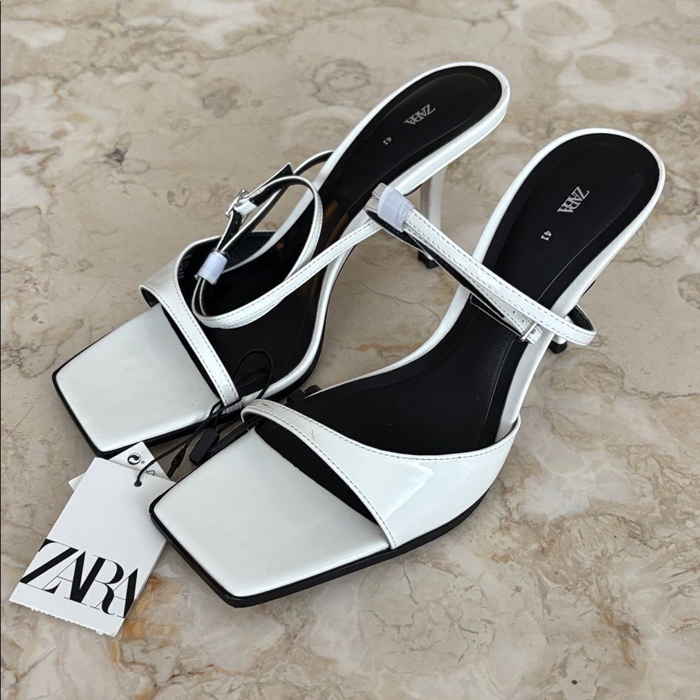 NWT Zara Strappy Patent Leather Asymmetrical Square Toe Heeled Sandals - Picture 2 of 8
